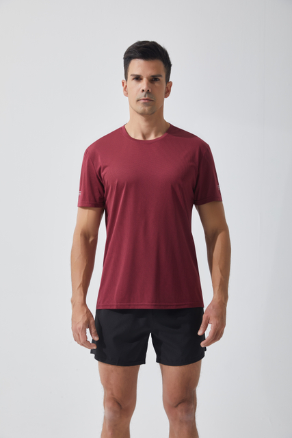 T-shirt de esportes rápidos seco respirável tight ajuste manga curta, execução de fitness esticado de tecido